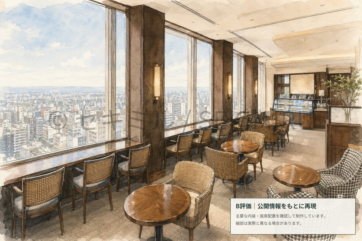 カフェ ド シエルの店内水彩イメージ